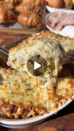 Brandon Frohne on Instagram: "Believe me when I say you have to try my 🥐Croque Monsieur Croissant Breakfast Casserole! 🍳   Inspired by the classic French Croque Monsieur, this breakfast bake is loaded with all those delicious French flavors, but instead of bread we’re using croissants for a nice buttery pop of flavor! 😮‍💨  It’s absolutely delicious, and comes together so quick making it the perfect casserole to feed a hungry breakfast or brunch crowd! 🤤  Make sure to save the recipe, and share this with someone you would smash this deliciousness with! 🤌  🍳Croque Monsieur Breakfast Casserole🍳  Handful Day Old Croissants, Torn into Pieces 1 cup Shredded Ham 2 cups Shredded Gruyere Cheese 8 Eggs 2 cups Heavy Cream Big Pinch of Fresh Thyme 2 tsp Dijon Mustard 1.5 tsp Granulated Garlic Recipes Using Croissants, French Croque Monsieur, Ham And Gruyere, Croissant Casserole, Brunch Crowd, Croissant Breakfast Casserole, Foodie Breakfast, Best Breakfast Casserole, Healthy Pancake Recipes