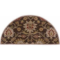 a brown and red rug with an ornate design on the bottom, in front of a white background