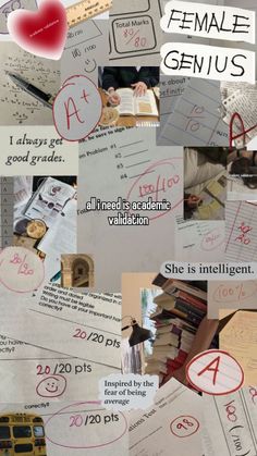 the collage shows many different types of writing and numbers on paper with red ink