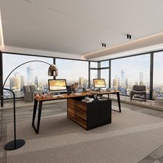 an office with large windows overlooking the city