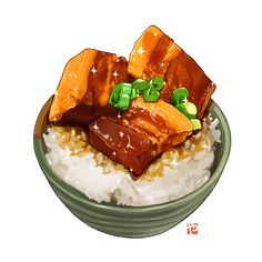 a bowl filled with rice and meat covered in sauce on top of it's side