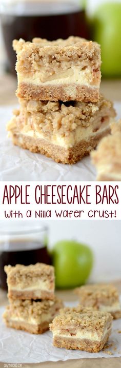 apple cheesecake bars are stacked on top of each other and ready to be eaten