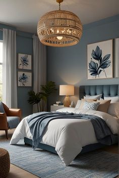 a bedroom with blue walls and white bedding