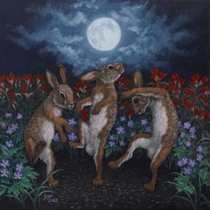 three rabbits in the middle of flowers with a full moon behind them