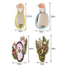 three different types of wall mounted mirrors with plants and mushrooms on the top, one is white