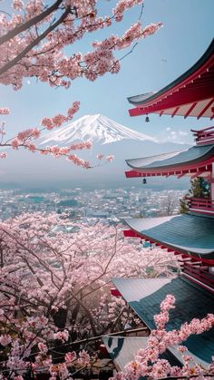 cherry blossoms blooming in front of a mountain with pagodas on it's sides