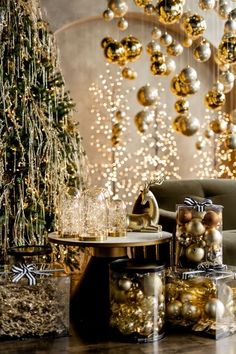 a living room filled with lots of christmas decorations and presents on top of a table