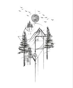 a black and white drawing of trees with birds flying over them in front of a full moon