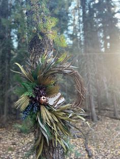 a wreath hanging from the side of a tree in a forest with sun shining on it