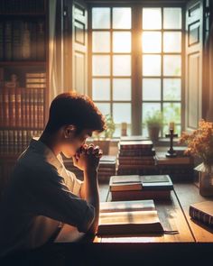 a woman sitting at a table in front of books