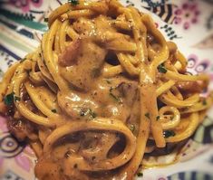 a pasta dish with meat and sauce on a colorful plate