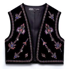 Zara Nwt Beaded Embroidered Velvet Vest Size M Black Cropped Open Front Vest. Contrasting Beading And Embroidery Detail. Outer Shell Main Fabric 100% Polyester Embroidery 93% Polyester 7% Metallised Fibre Lining 100% Polyester Imported Bundle And Save Zara Embroidered Vest, Embroidered Vest Outfits, Whimsigoth Birthday, Turkish Vest, Long Blazer Vest, Waistcoat Design, Beaded Vest, Waistcoat Designs, Faux Fur Gilet