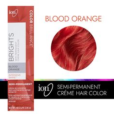 ion Color Brilliance Semi-Permanent Brights Hair Color are high-fashion hair colors designed to give vivid, boldly intense results. Ion Blood Orange Semi Permanent Hair Color | Orange | 2.05 FL oz. | Sally Beauty Ion Hair Color Chart, Ion Hair Colors, Bright Copper Hair, Orange Hair Dye, Hair Color Swatches, Ion Color Brilliance, Peach Hair Colors, Hair Colour Design, High Fashion Hair