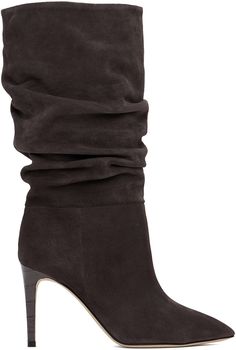 Ankle-high calfskin suede boots in brown. Gathering throughout. · Pointed toe · Grained leather lining · Covered stiletto heel with rubber injection · Leather sole · Heel: H3.5 in Supplier color: Smoke Luxury Zara Calf Leather Boots, Luxury Zara Boots For Office, Zara Luxury Fitted Boots, Shoe Lookbook, Brown Slouchy Boots, Collage Clothes, Suede Boots Outfit, Virtual Wishlist, Pink Nike Shoes