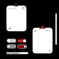 a black background with white and red items on it, including a notepad, pen, pencil, clipboard, marker and paper