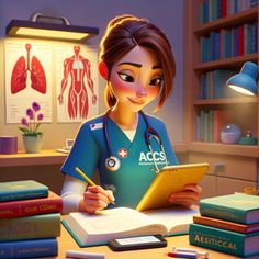 a cartoon character is sitting at a desk with books and a clipboard in front of her