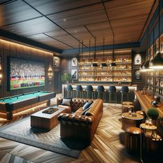 a game room with pool tables and couches