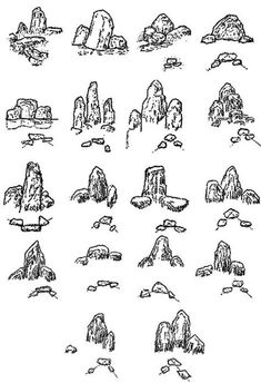 some rocks and boulders are drawn in black ink