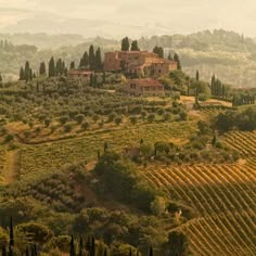 an old house sits on top of a hill surrounded by trees and bushes in the countryside