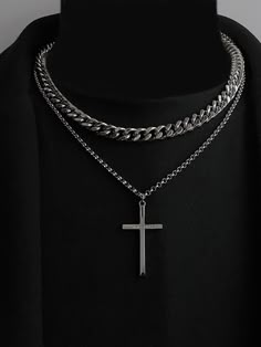 Silver  Collar  Stainless Steel   Embellished   Fashion Jewelry Men Cross Necklace, Layered Cross Necklace, Black Cross Necklace, Cross Necklace For Men, Necklace Layers, Ginger Boy, Mens Cross Necklace, Embellished Fashion, Cross Necklaces