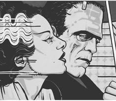 a black and white drawing of a man kissing a woman's head with her eyes closed