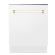 a white dishwasher with gold handles on the front and bottom, against a white background