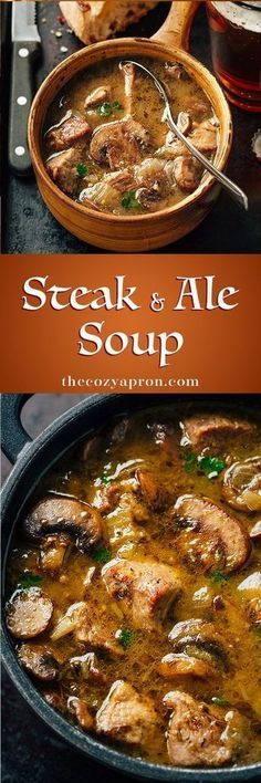 steak and ale soup in a pan with bread on the side, and an advertisement for steak