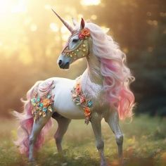 a white unicorn with pink mane and flowers on it's head standing in the grass