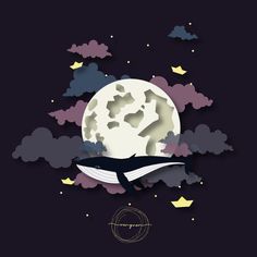 a whale is floating in the air with clouds and stars around it, under a full moon