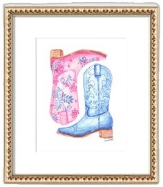 a watercolor painting of two cowboy boots with pink and blue flowers on the inside