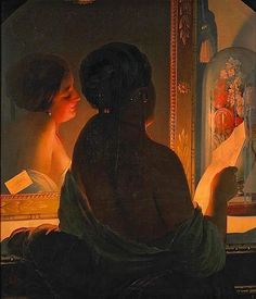 a painting of two women reading in front of a mirror