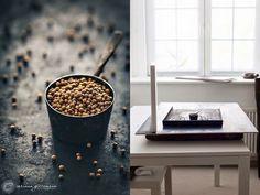 a bowl of food sitting on top of a table next to a window