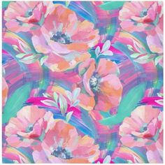 an abstract floral pattern with pink flowers on a blue and green background in the middle