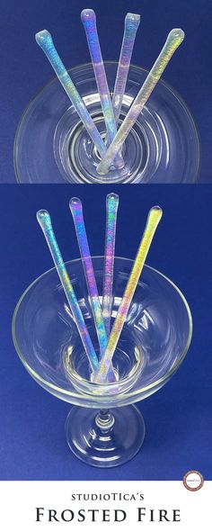 three glass bowls with different colored straws in them and the words studiorica's frosted fire