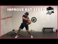 a man holding a ball while standing in front of a wall with the words improve bat speed