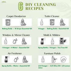 the 6 diy cleaning recipes are shown in black and white on a green background