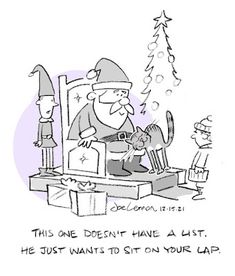 a cartoon depicting a man sitting in front of a christmas tree and another person standing next to him