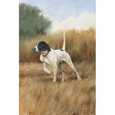 a painting of a dog running through a field