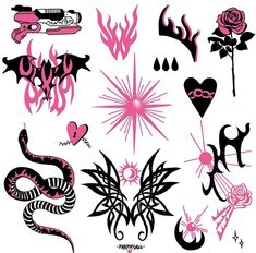 various tattoo designs on white paper with pink and black ink, including roses, hearts, arrows