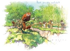 a drawing of a red panda climbing on a tree branch with people in the background