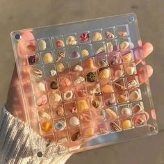 a person holding up a plastic tray with shells in it's palm and fingers