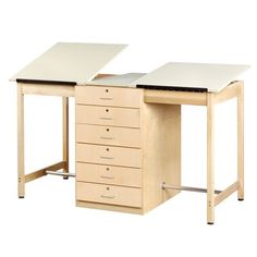 two wooden desks with drawers on each side