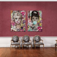 three chairs are in front of two paintings on the wall, one is blowing bubbles