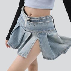 Introducing our ultra mini pleated denim skirt from the 2023 Summer Collection ââ‚?a timeless nod to the '90s. with a modern twist!Why It's Your Next Summer StapleThis 90s-inspired skirt reflects a perfect balance of modern fashion and nostalgia. With its lower-waisted silhouette. light wash. and subtle pleats. you'll add a touch of edginess to any ensemble. Plus. it's made with premium quality denim for a elongated-lasting wardrobe staple.Key Highlights: Nostalgic Vibes: A tribute to the iconic Punk Style High Waist Skort For Spring, Punk High Waist Skort For Spring, High Waist Punk Skort For Spring, Y2k Style Mini Skirt With Belt Loops, Punk Denim Skirt With Pockets, Y2k Mini Skirt Bottoms With Belt Loops, Edgy High-waisted Denim Skort, Spring High-rise Y2k Skort, Edgy Mini Length Denim Skirt