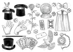 black and white drawing of various items for playing cards, magicians hat, gloves