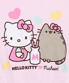 a hello kitty t - shirt with two cats on the front and one cat holding a bottle