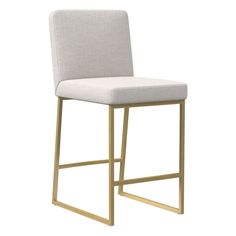 an upholstered bar stool with gold legs and a white fabric seat pad, viewed from the front