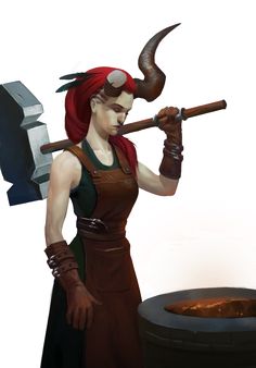 a woman holding an ax and standing in front of a fire pit with two horns on her head