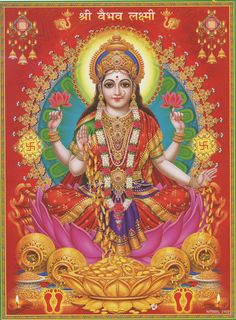 the hindu god with lotuses in his hands, sitting on a red background and surrounded by