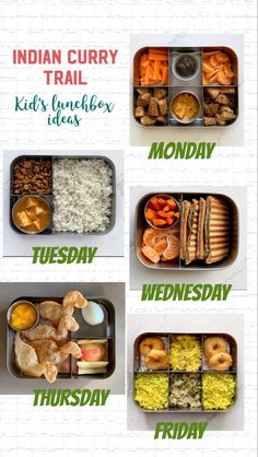 Monday to friday kid’s lunchbox ideas Indian Bento Lunch, Indian Lunchbox Ideas, Healthy Tiffin Recipes, Soft Drinks Recipes, Kids Lunch Box Meals, Lunch Recipes Indian